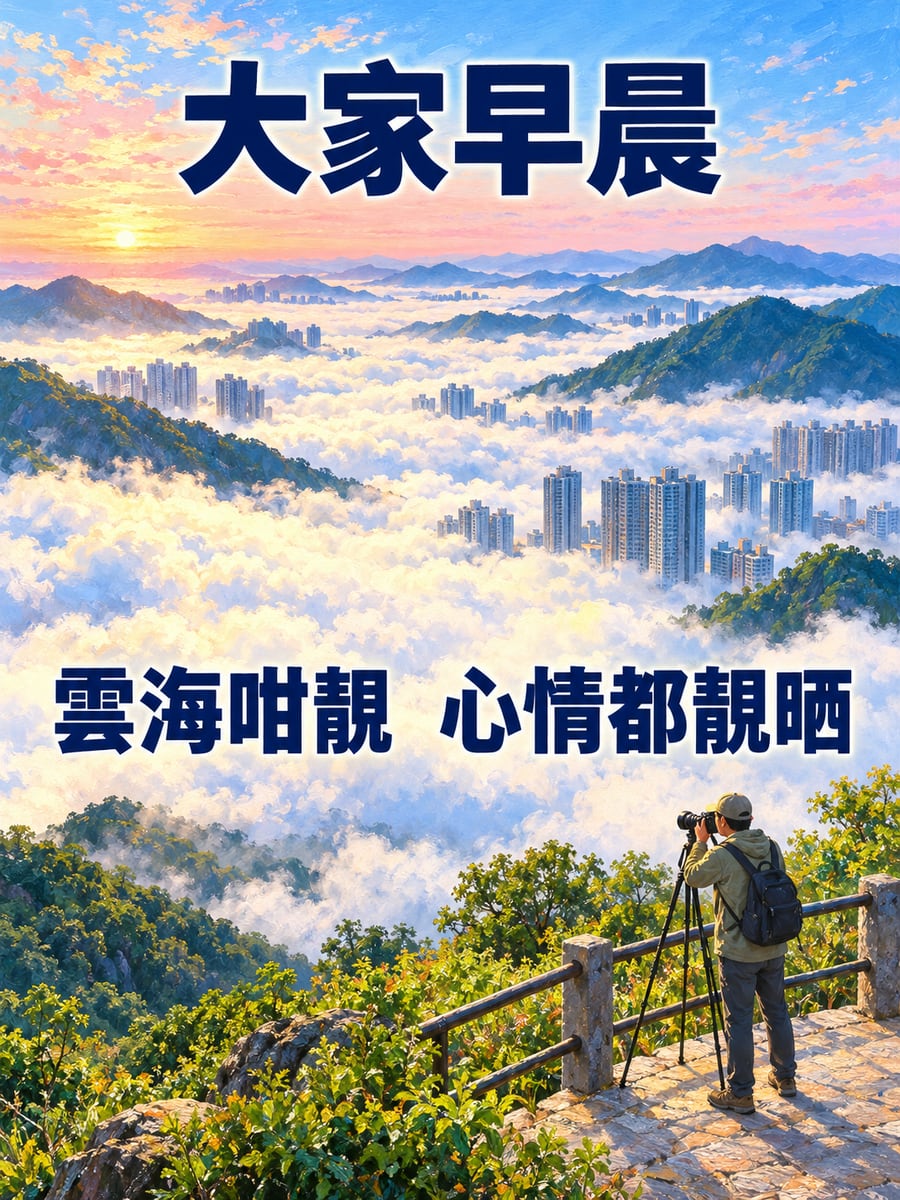 雲海。圖中文字：大家早晨，雲海咁靚，心情都靚晒