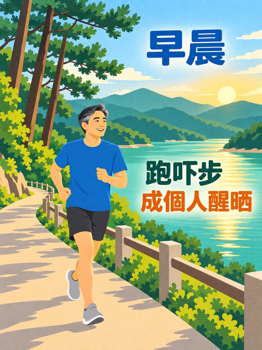 跑步徑。圖中文字：早晨，跑吓步，成個人醒晒