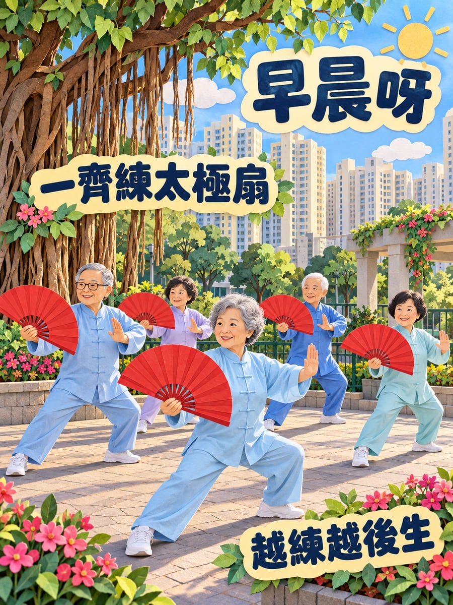 練太極扇。圖中文字：早晨呀，一齊練太極扇，越練越後生