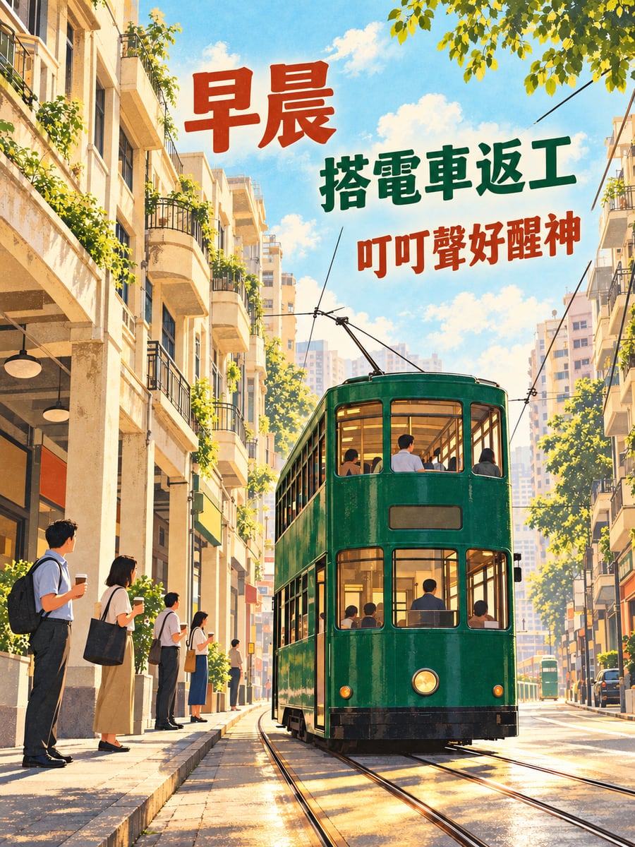 搭電車。圖中文字：早晨，搭電車返工，叮叮聲好醒神