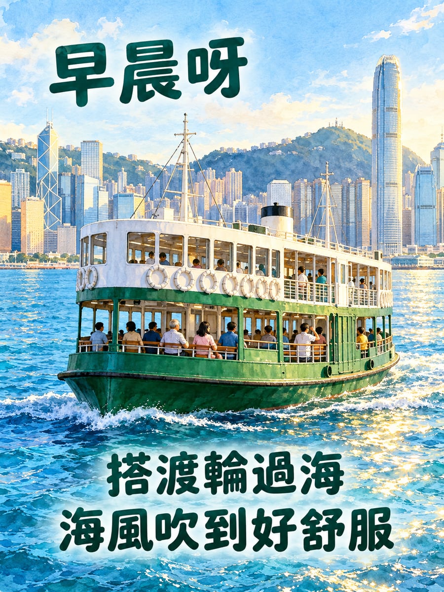搭渡輪。圖中文字：早晨呀，搭渡輪過海，海風吹到好舒服