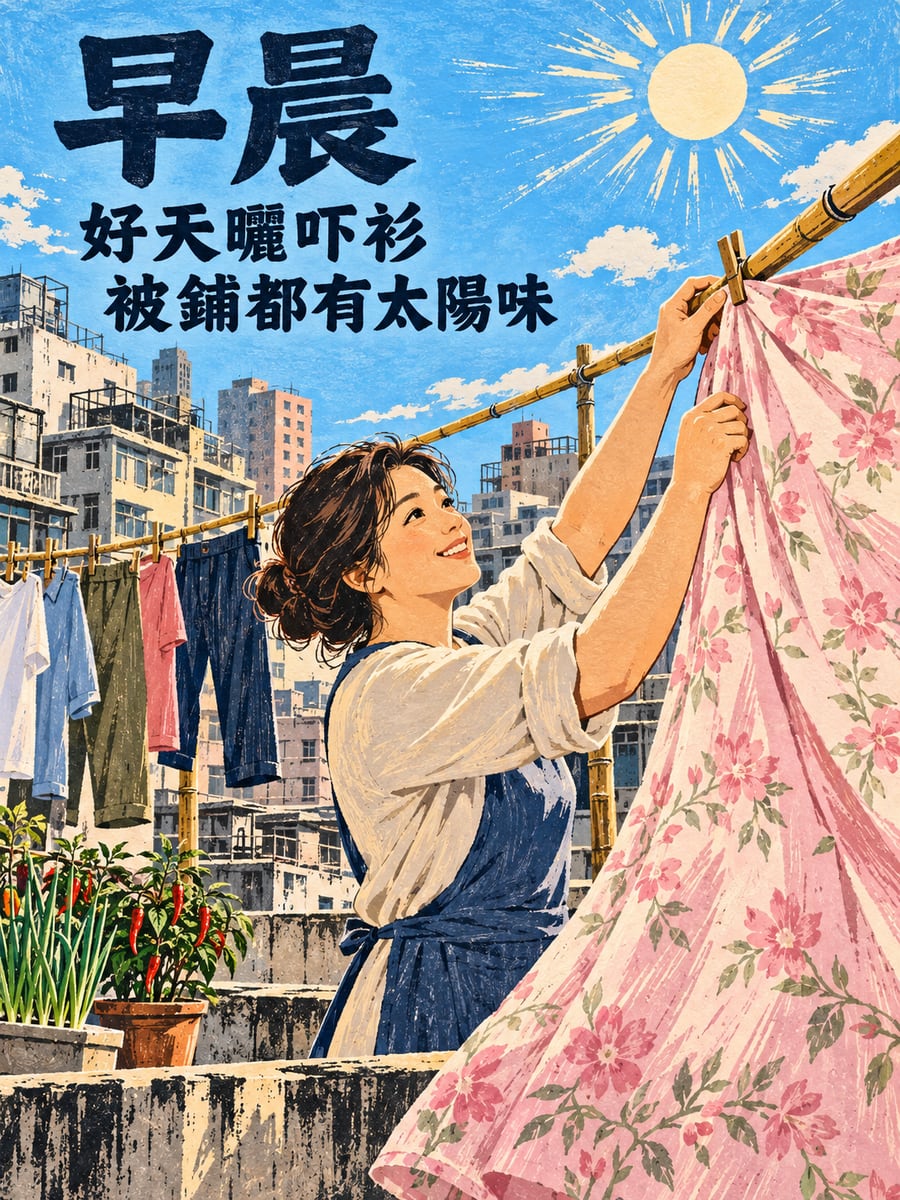 天台曬衫。圖中文字：早晨，好天曬吓衫，被鋪都有太陽味