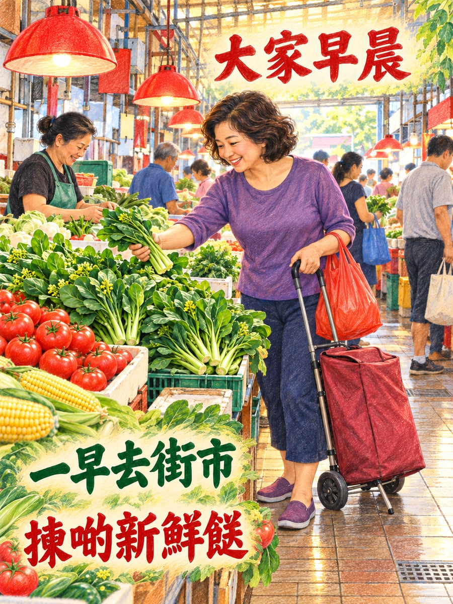 街市買餸。圖中文字：大家早晨，一早去街市，揀啲新鮮餸