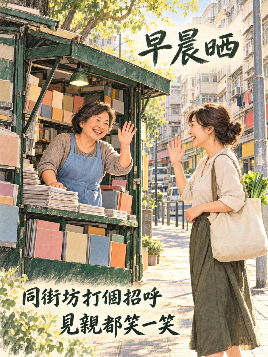 報攤。圖中文字：早晨晒，同街坊打個招呼，見親都笑一笑