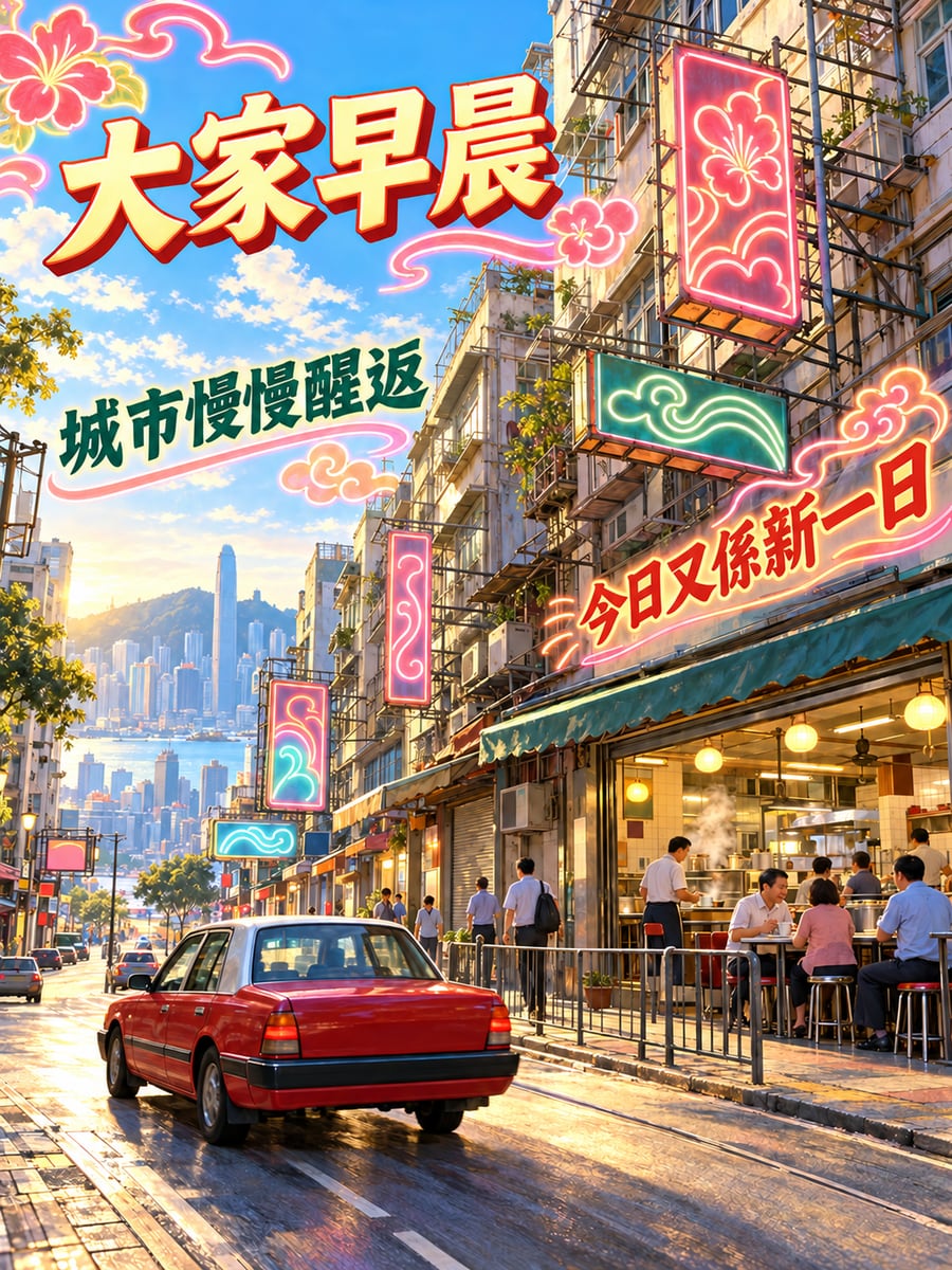 晨光霓虹。圖中文字：大家早晨，城市慢慢醒返，今日又係新一日
