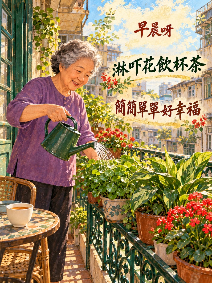 露台淋花。圖中文字：早晨呀，淋吓花飲杯茶，簡簡單單好幸福