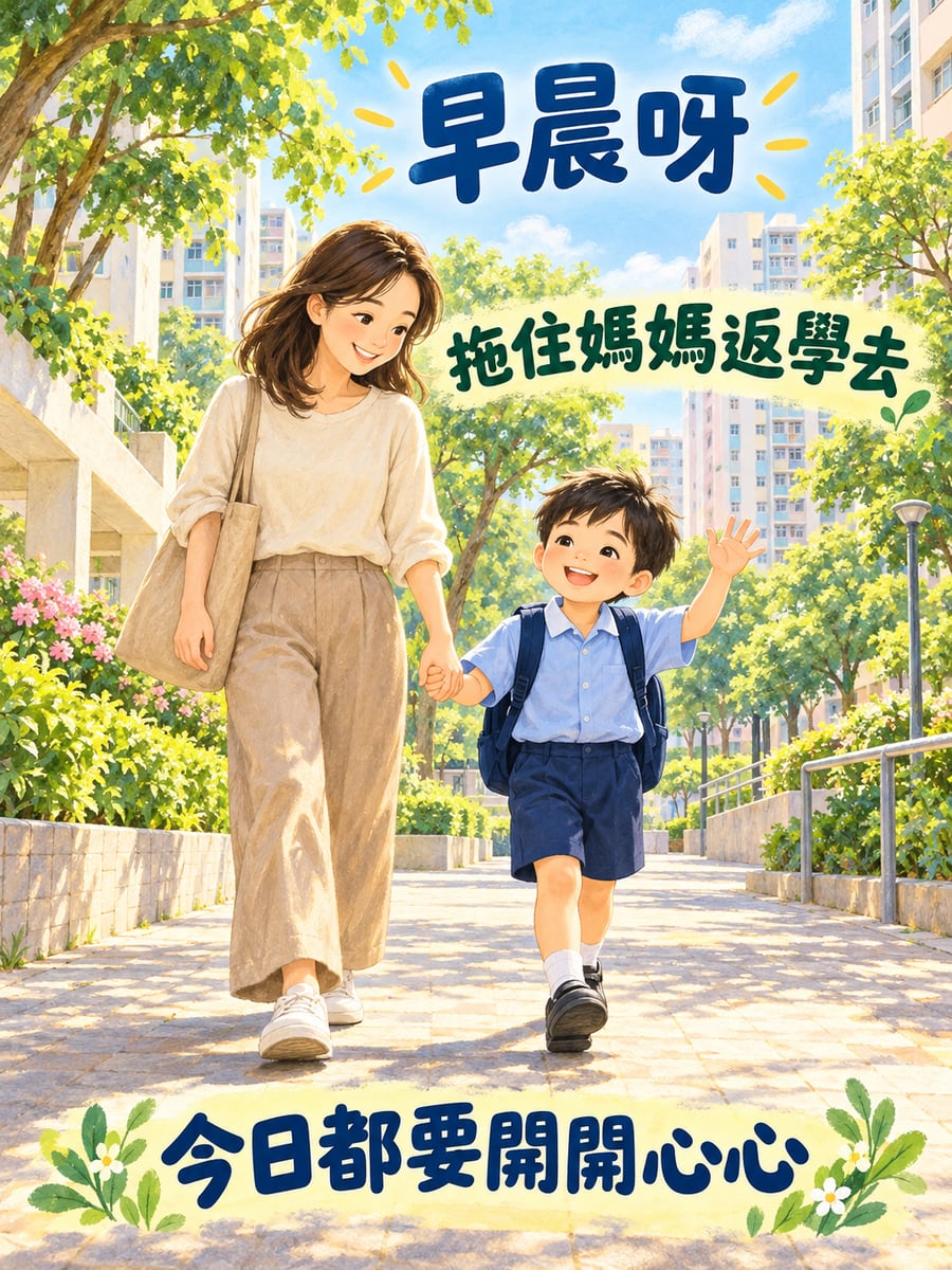 返學。圖中文字：早晨呀，拖住媽媽返學去，今日都要開開心心