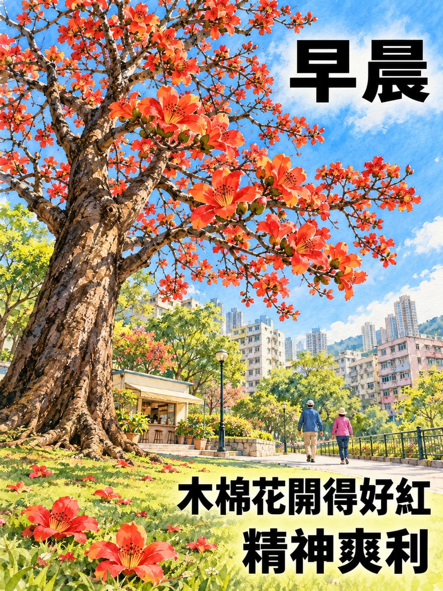 木棉花。圖中文字：早晨，木棉花開得好紅，精神爽利