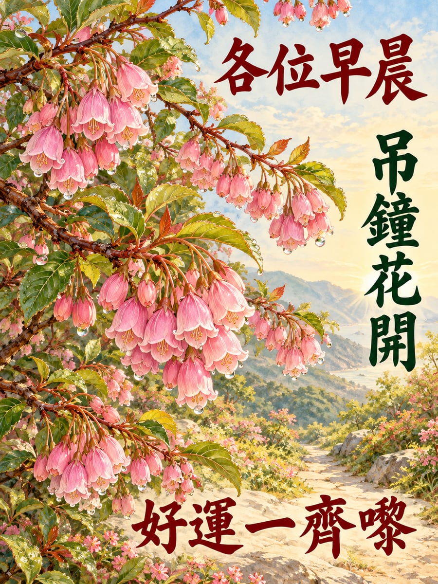吊鐘花。圖中文字：各位早晨，吊鐘花開，好運一齊嚟