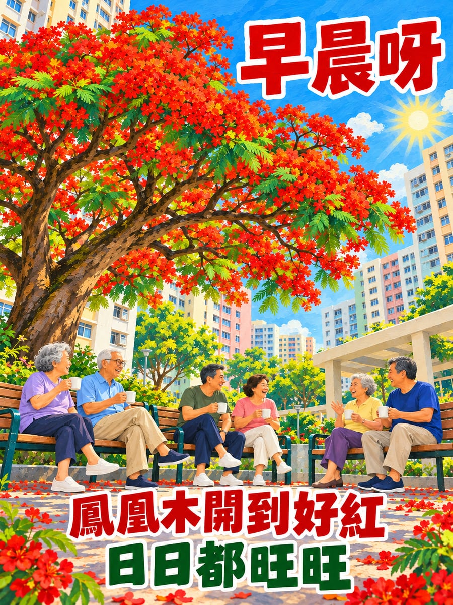 鳳凰木。圖中文字：早晨呀，鳳凰木開到好紅，日日都旺旺