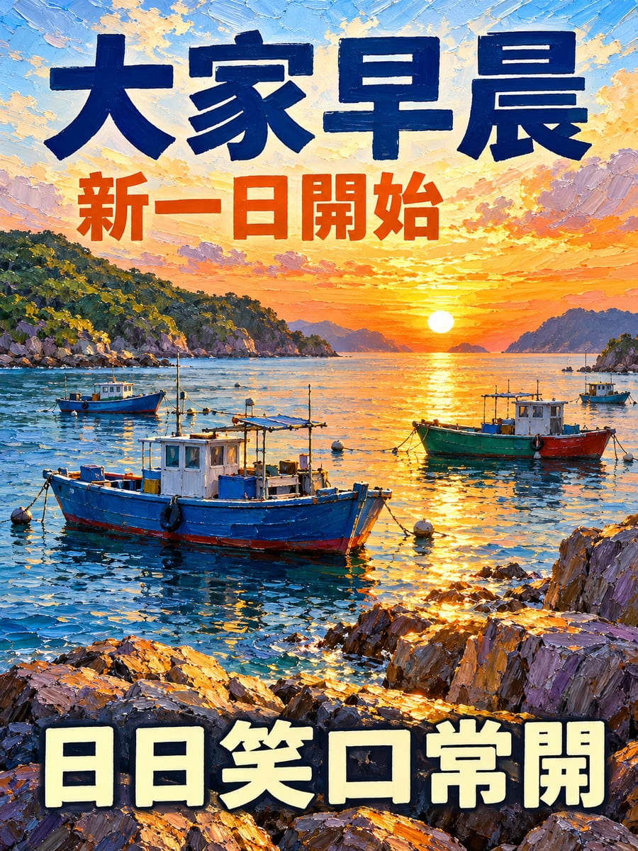 海灣日出。圖中文字：大家早晨，新一日開始，日日笑口常開