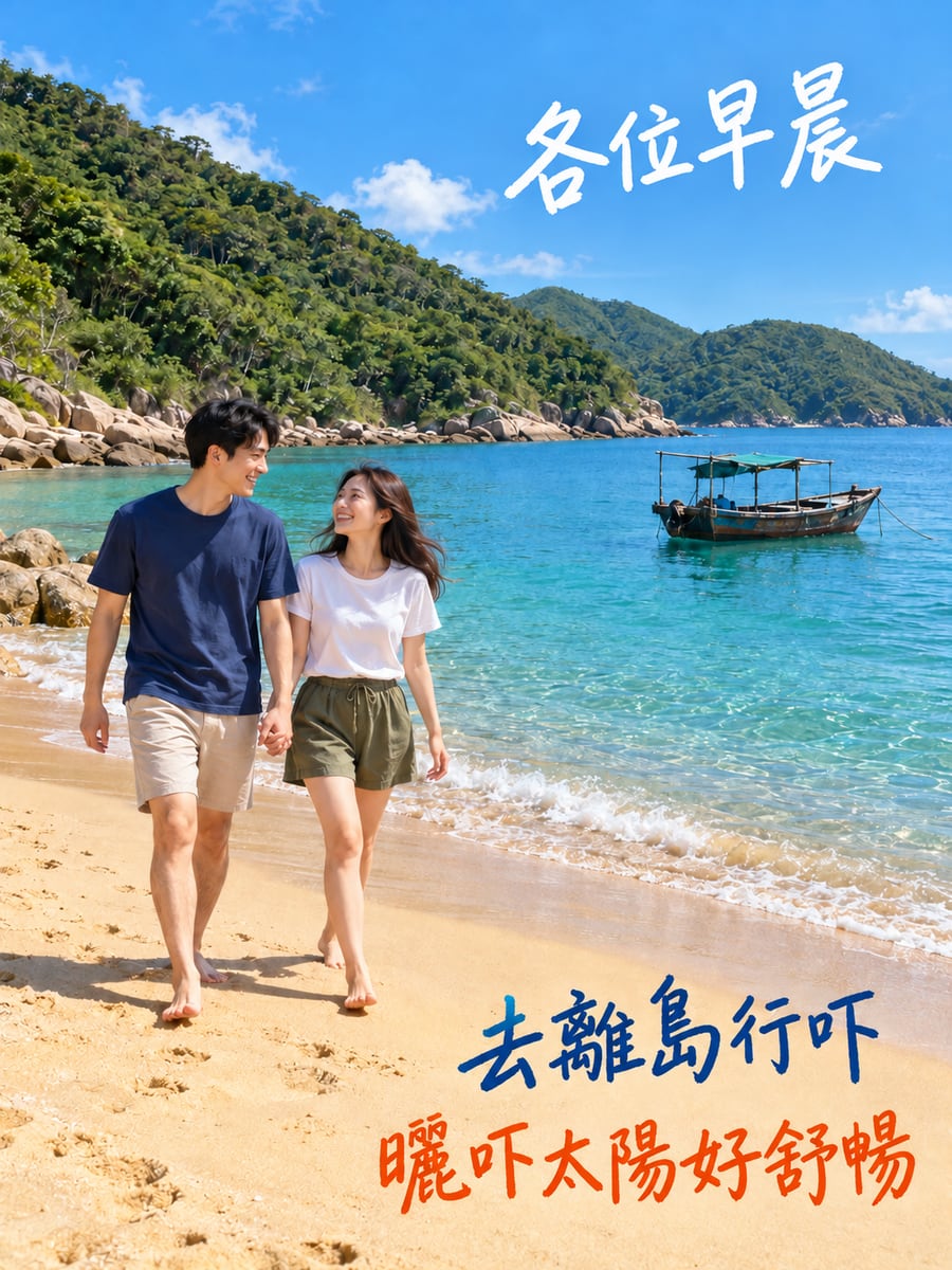 去離島。圖中文字：各位早晨，去離島行吓，曬吓太陽好舒暢