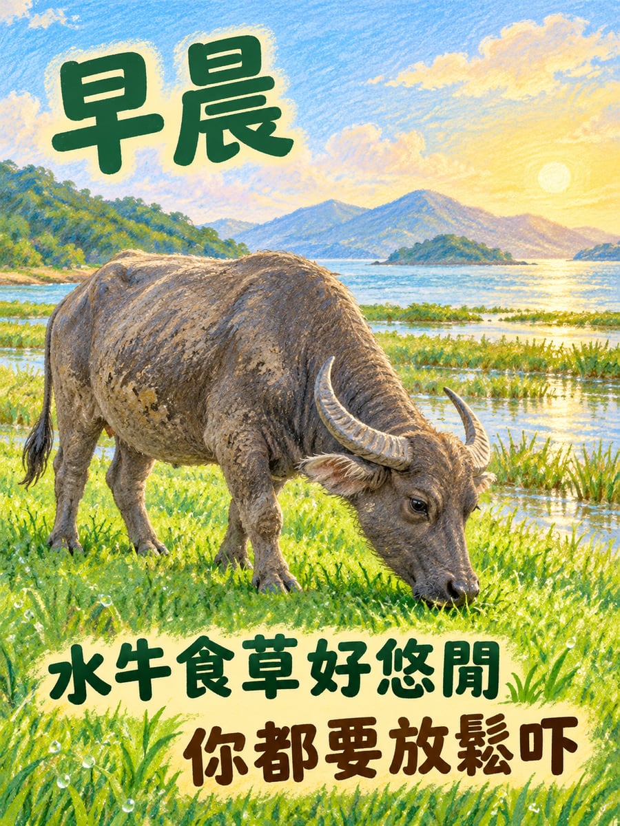 水牛。圖中文字：早晨，水牛食草好悠閒，你都要放鬆吓