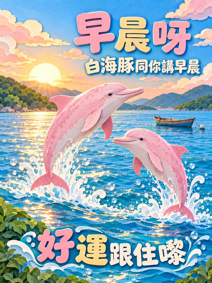 白海豚。圖中文字：早晨呀，白海豚同你講早晨，好運跟住嚟