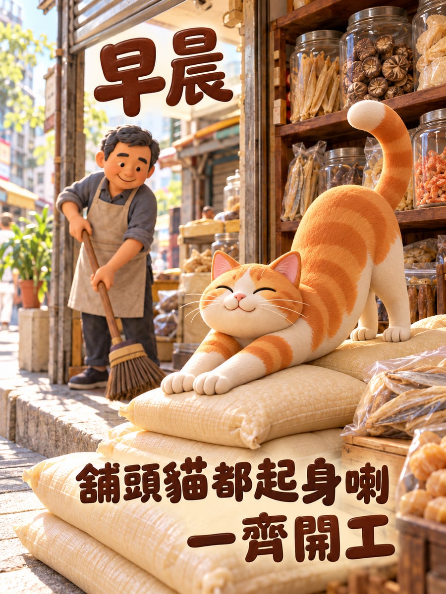 舖頭貓。圖中文字：早晨，舖頭貓都起身喇，一齊開工