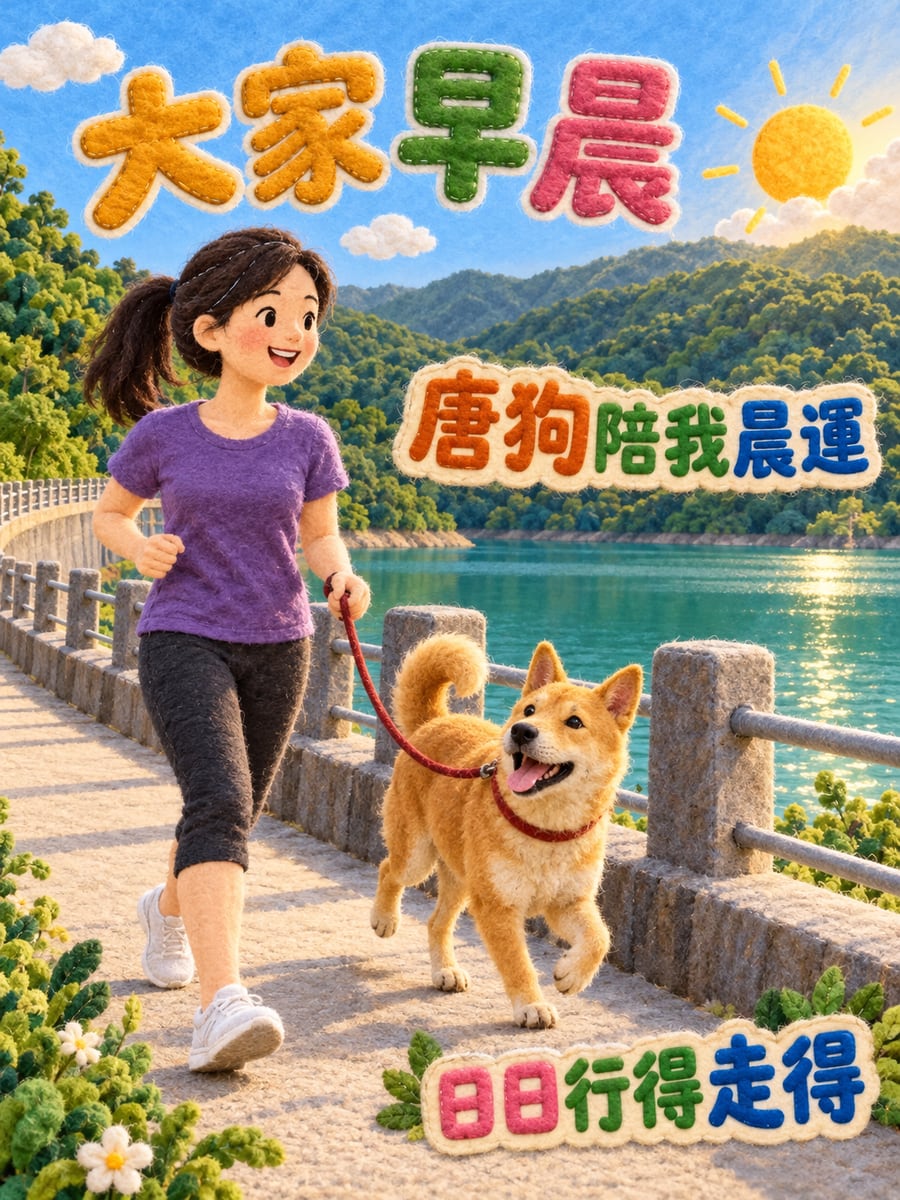 唐狗晨運。圖中文字：大家早晨，唐狗陪我晨運，日日行得走得