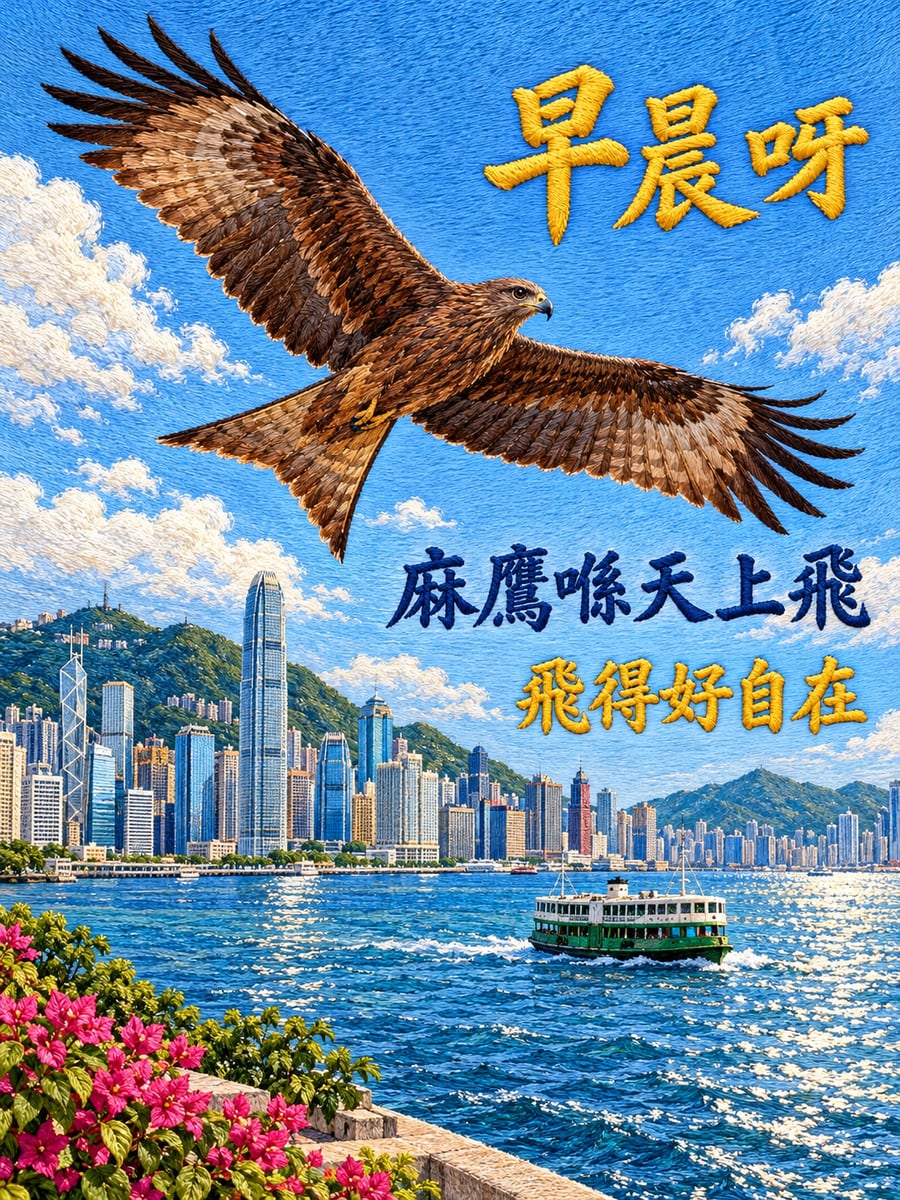 麻鷹。圖中文字：早晨呀，麻鷹喺天上飛，飛得好自在