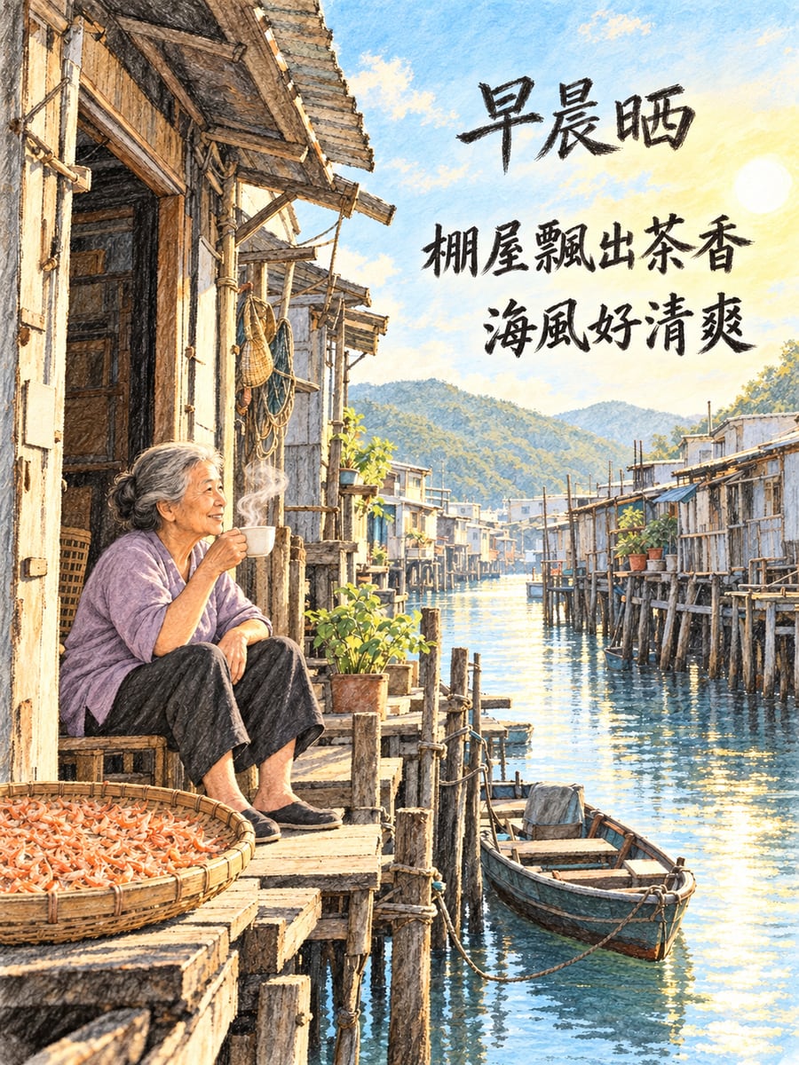 漁村棚屋。圖中文字：早晨晒，棚屋飄出茶香，海風好清爽