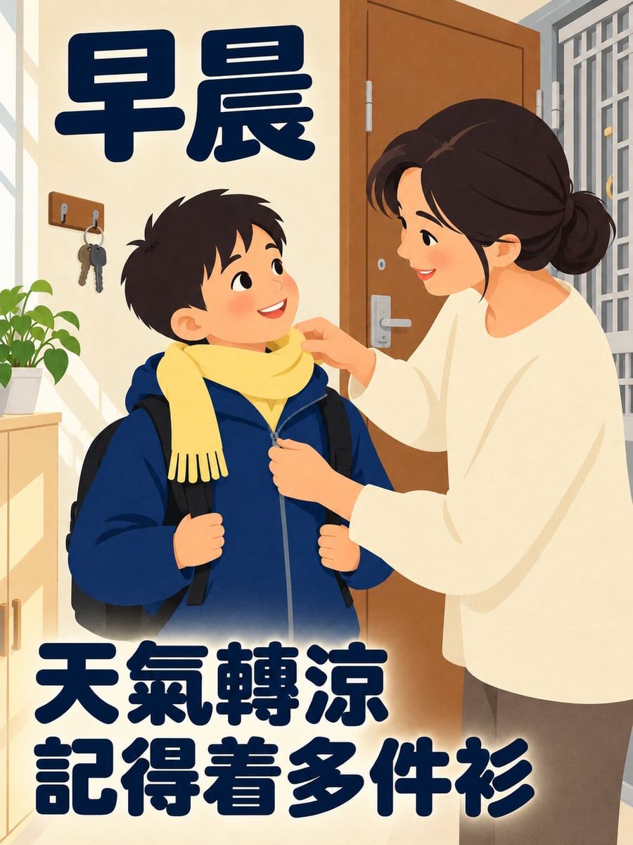 天涼着多件衫。圖中文字：早晨，天氣轉涼，記得着多件衫