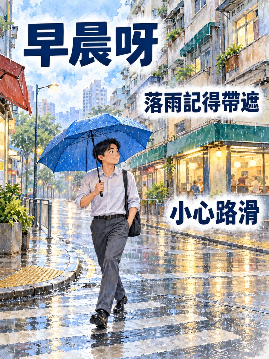 落雨帶遮。圖中文字：早晨呀，落雨記得帶遮，小心路滑