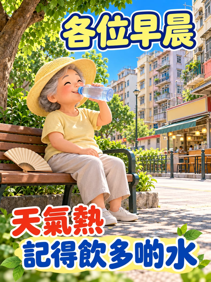 天熱飲多啲水。圖中文字：各位早晨，天氣熱，記得飲多啲水