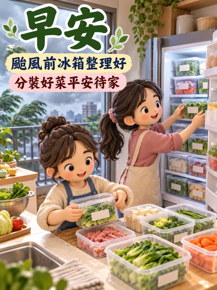 姊妹分裝冰箱菜。圖中文字：早安，颱風前冰箱整理好，分裝好菜平安待家