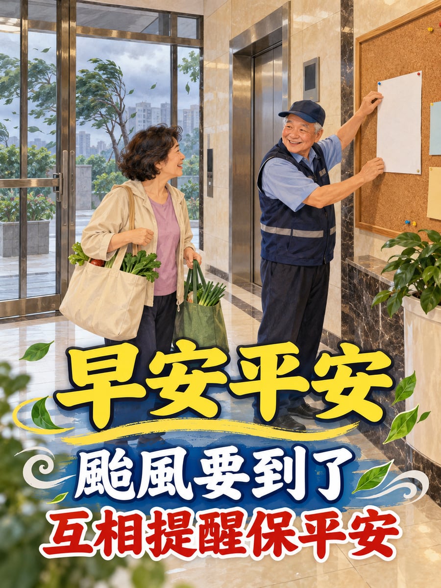 管理員貼颱風公告。圖中文字：早安平安，颱風要到了，互相提醒保平安