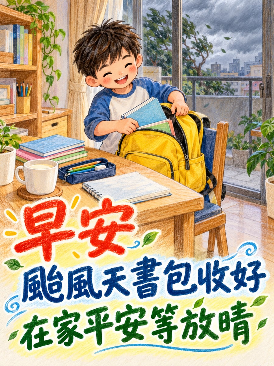 颱風前收好書包。圖中文字：早安，颱風天書包收好，在家平安等放晴
