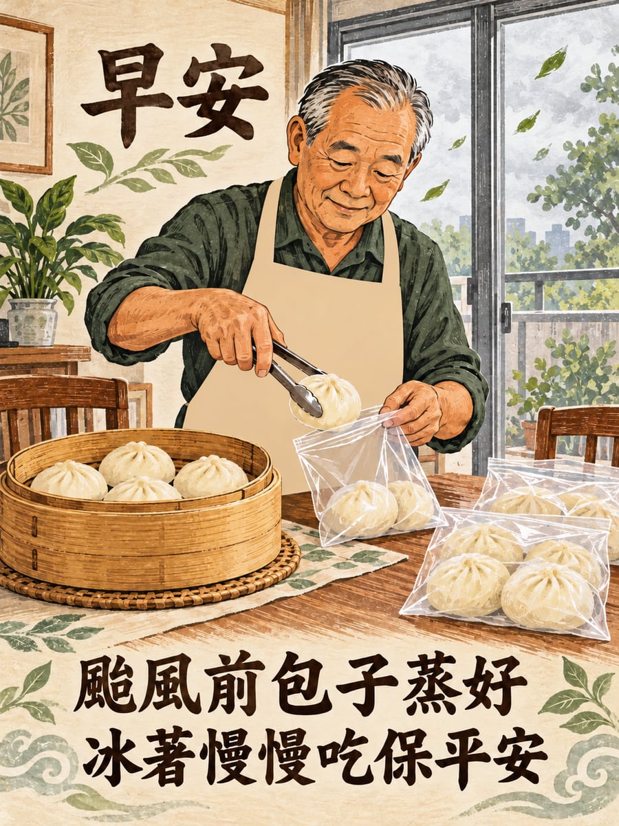 阿公把包子分裝。圖中文字：早安，颱風前包子蒸好，冰著慢慢吃保平安