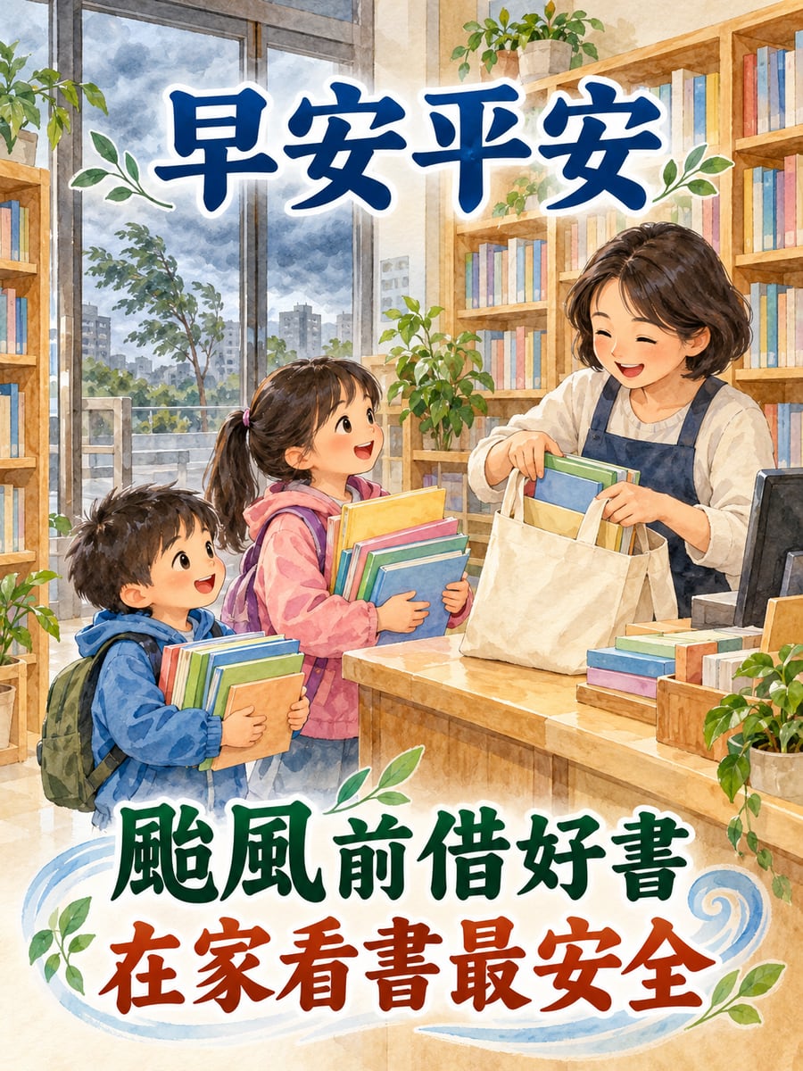 圖書館借繪本。圖中文字：早安平安，颱風前借好書，在家看書最安全