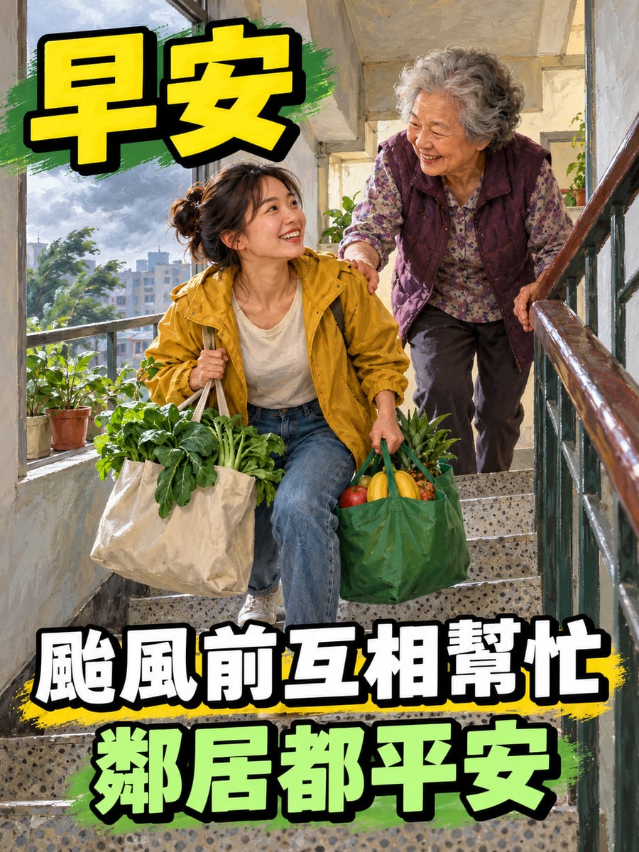 鄰居幫阿嬤提菜上樓。圖中文字：早安，颱風前互相幫忙，鄰居都平安