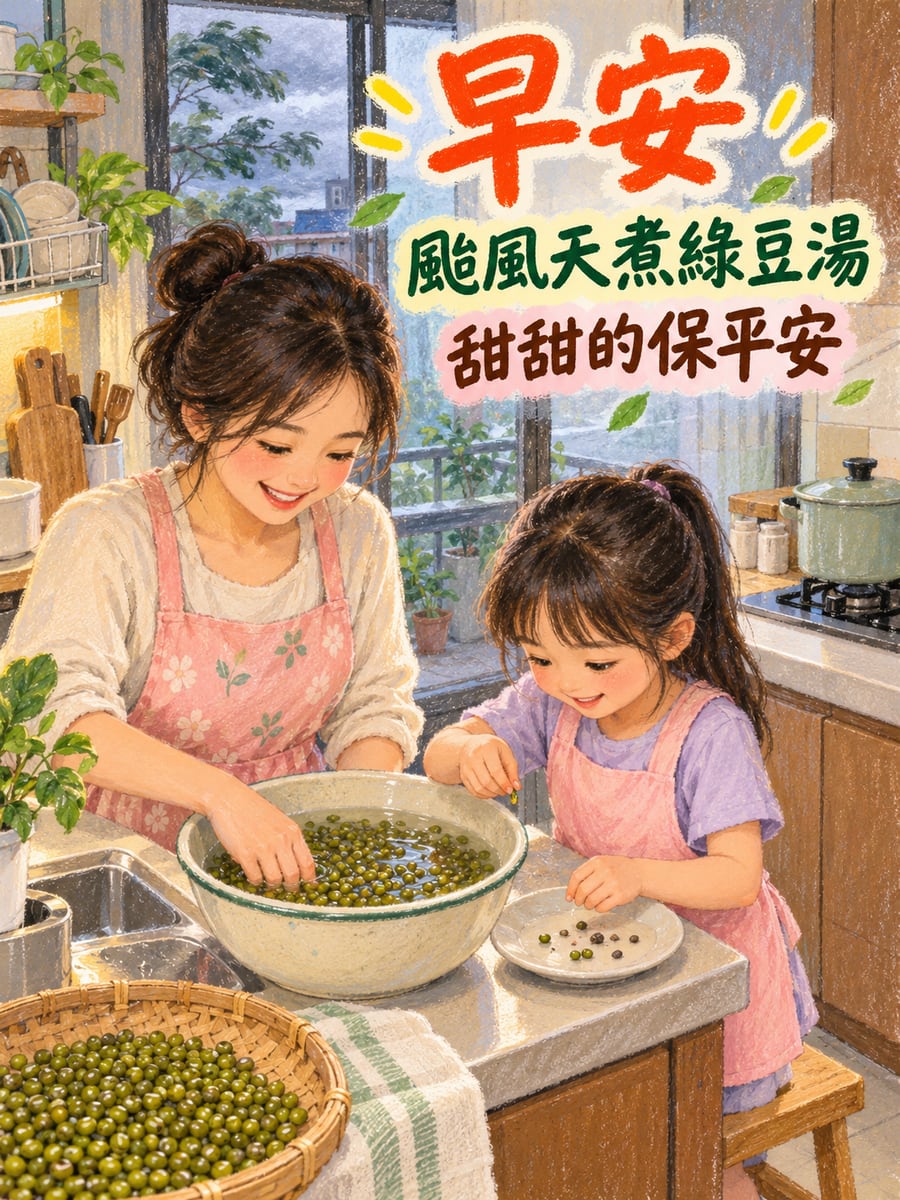洗綠豆準備煮湯。圖中文字：早安，颱風天煮綠豆湯，甜甜的保平安