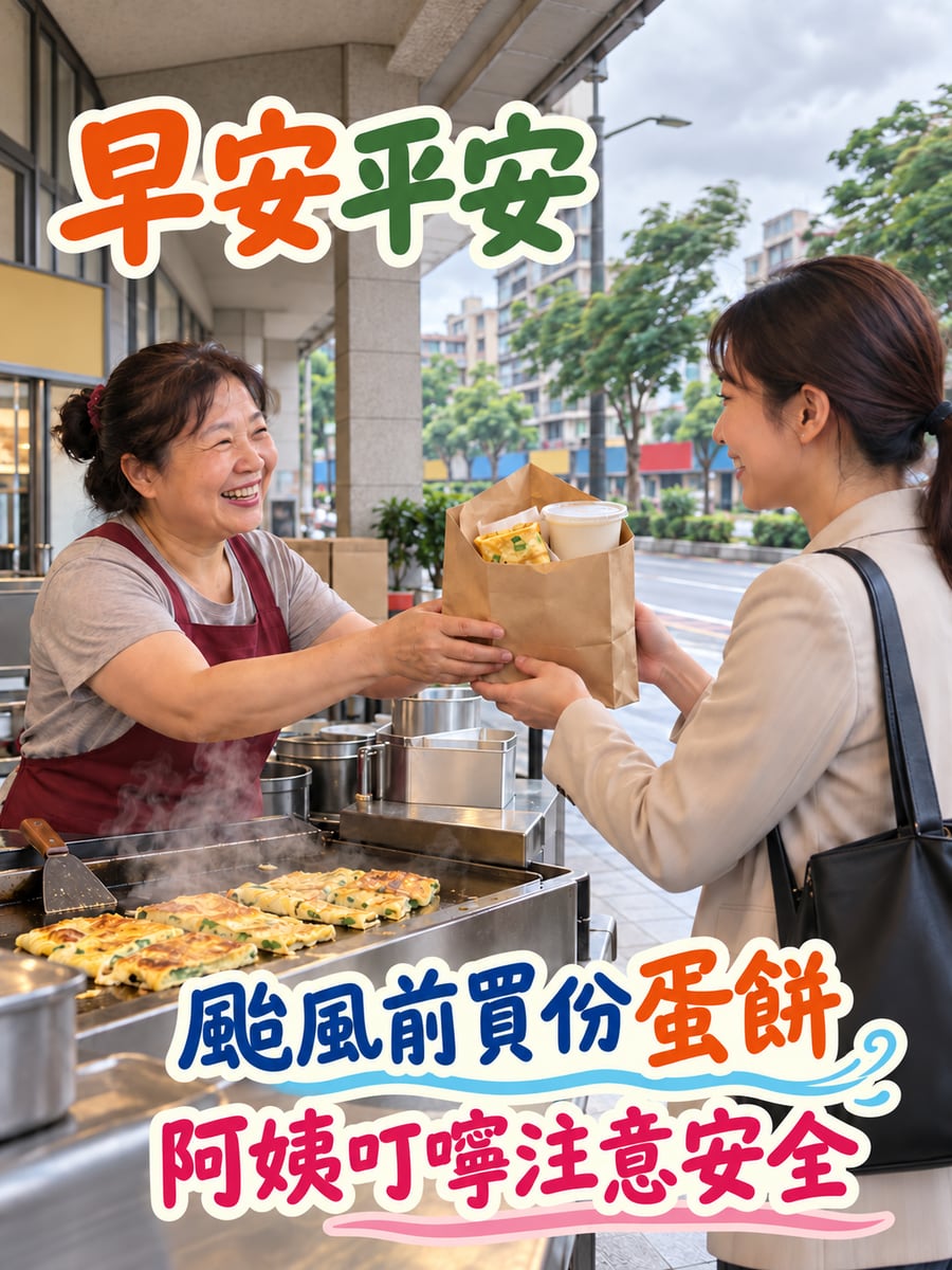 早餐店阿姨叮嚀熟客。圖中文字：早安平安，颱風前買份蛋餅，阿姨叮嚀注意安全