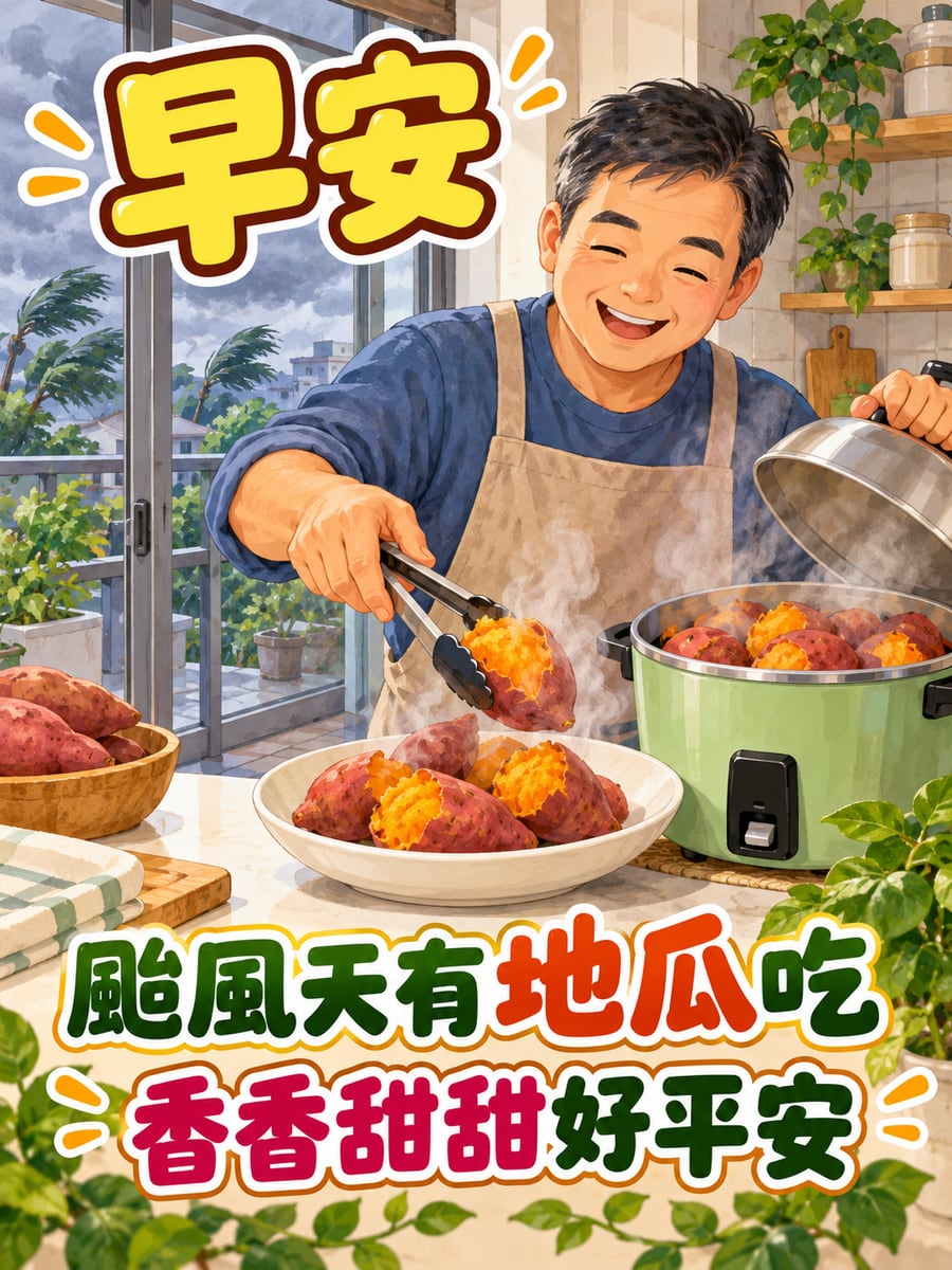 爸爸蒸好一鍋地瓜。圖中文字：早安，颱風天有地瓜吃，香香甜甜好平安