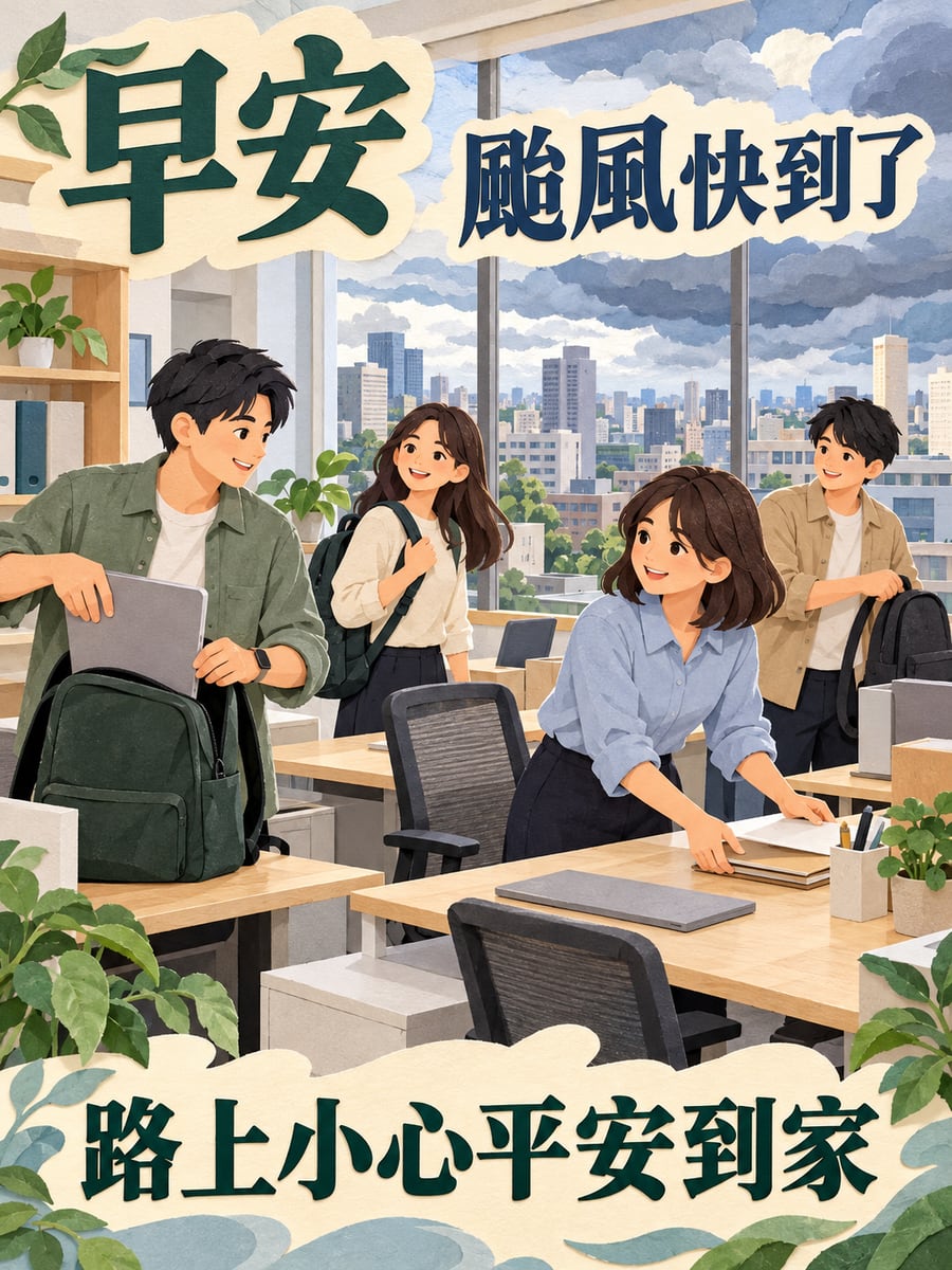 同事互相叮嚀。圖中文字：早安，颱風快到了，路上小心平安到家