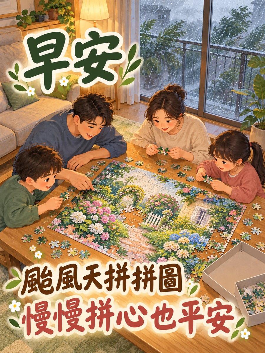 颱風天全家拼拼圖。圖中文字：早安，颱風天拼拼圖，慢慢拼心也平安