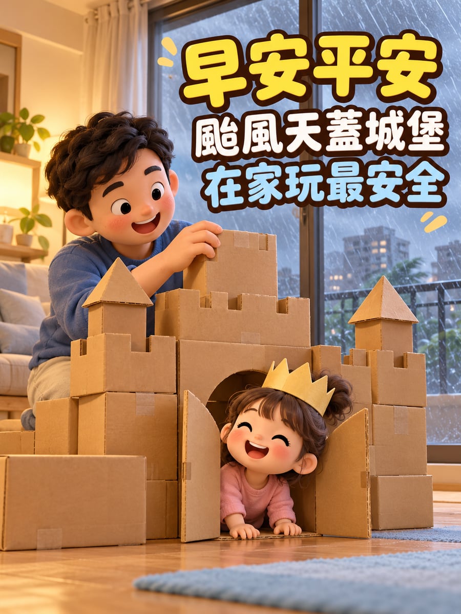 爸爸和女兒蓋紙箱城堡。圖中文字：早安平安，颱風天蓋城堡，在家玩最安全