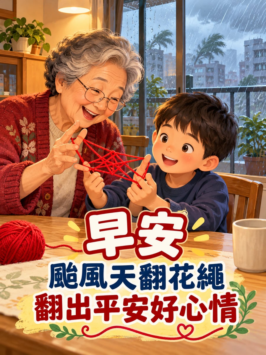 阿嬤教翻花繩。圖中文字：早安，颱風天翻花繩，翻出平安好心情
