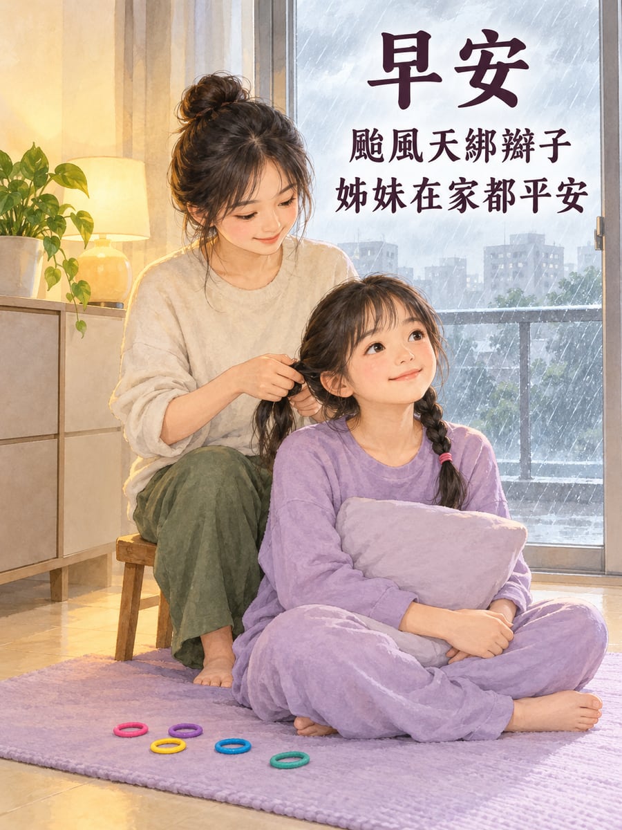 姊姊幫妹妹綁辮子。圖中文字：早安，颱風天綁辮子，姊妹在家都平安