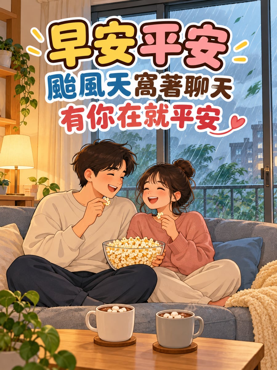 情侶分一碗爆米花。圖中文字：早安平安，颱風天窩著聊天，有你在就平安