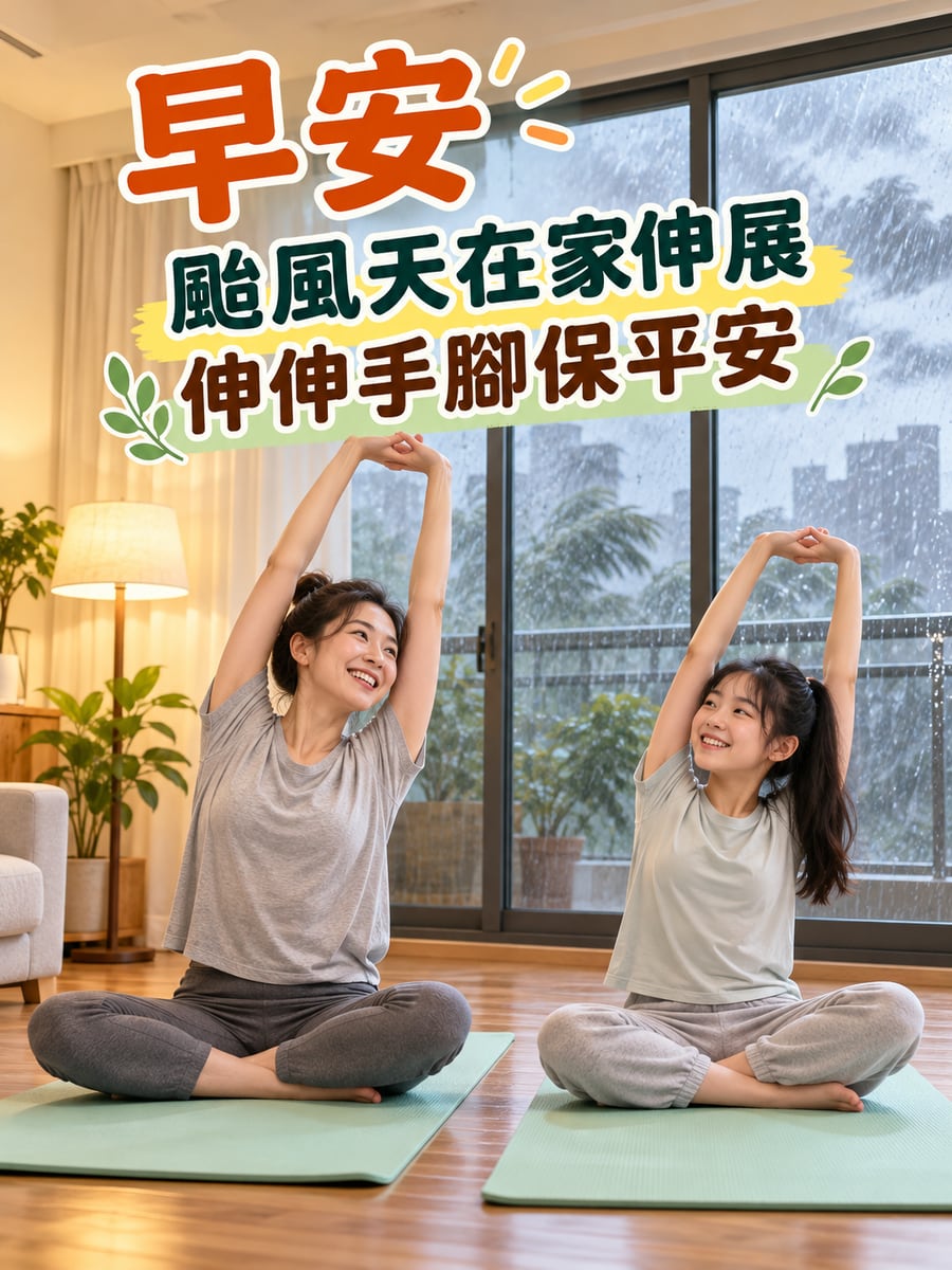 母女在家伸展。圖中文字：早安，颱風天在家伸展，伸伸手腳保平安