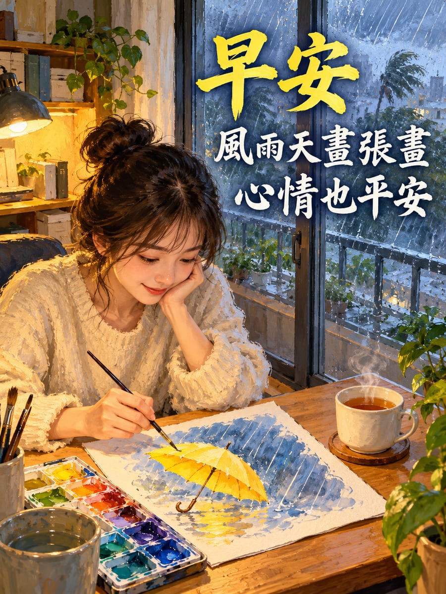 颱風天畫小黃傘。圖中文字：早安，風雨天畫張畫，心情也平安