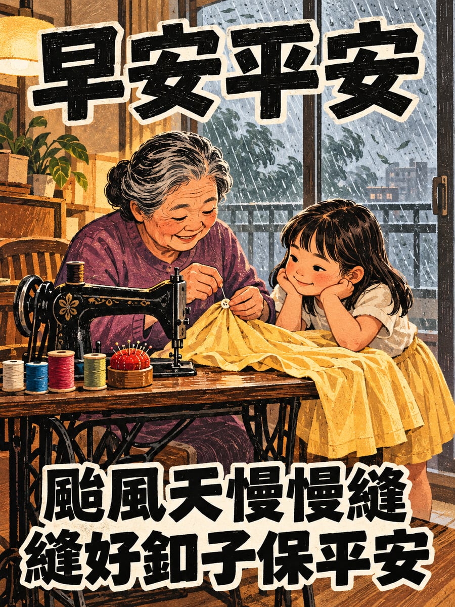阿嬤縫釦子。圖中文字：早安平安，颱風天慢慢縫，縫好釦子保平安