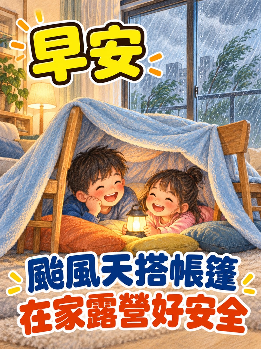 兄妹搭棉被帳篷。圖中文字：早安，颱風天搭帳篷，在家露營好安全