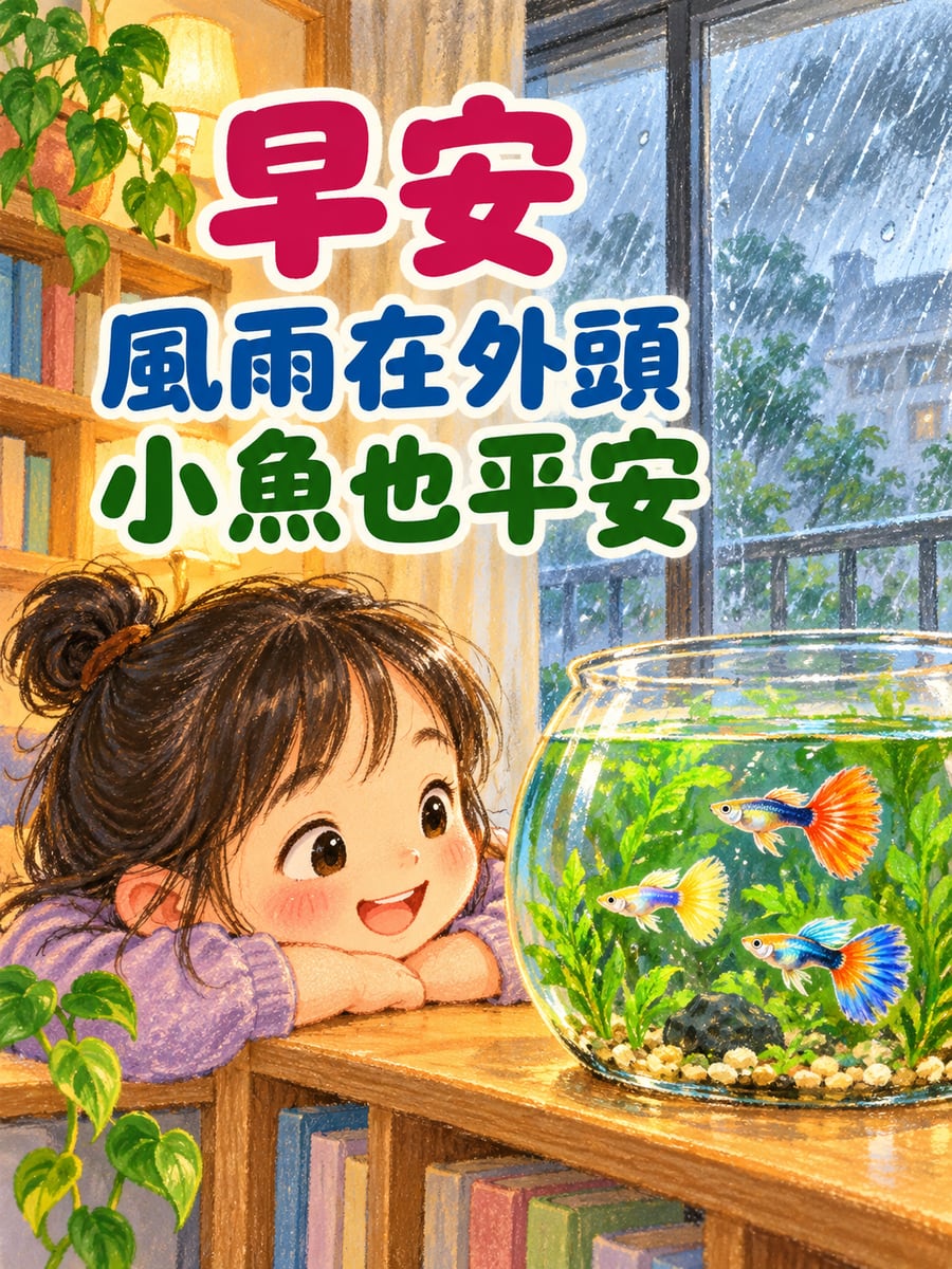 颱風天看孔雀魚。圖中文字：早安，風雨在外頭，小魚也平安