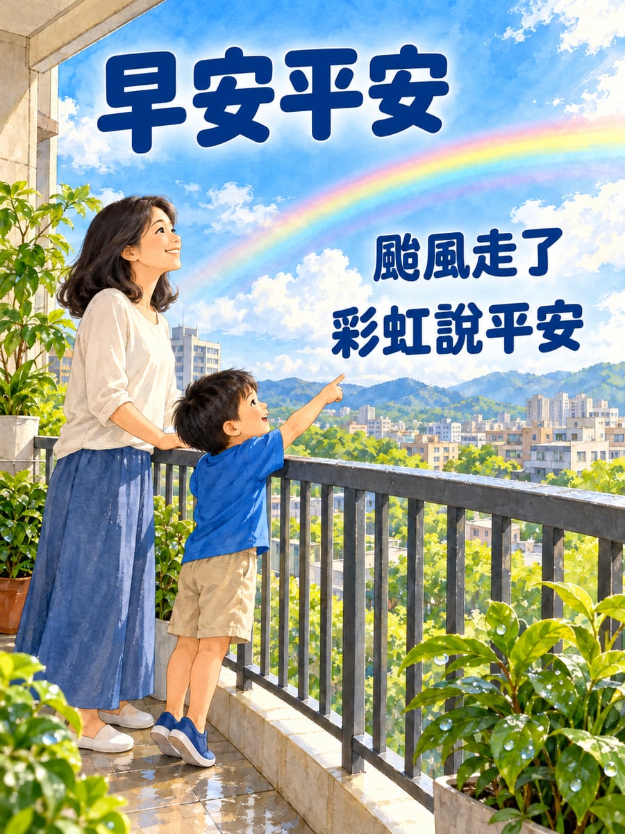 雨過天晴陽台看彩虹。圖中文字：早安平安，颱風走了，彩虹說平安