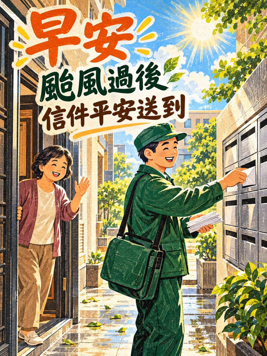 颱風過後郵差送信。圖中文字：早安，颱風過後，信件平安送到