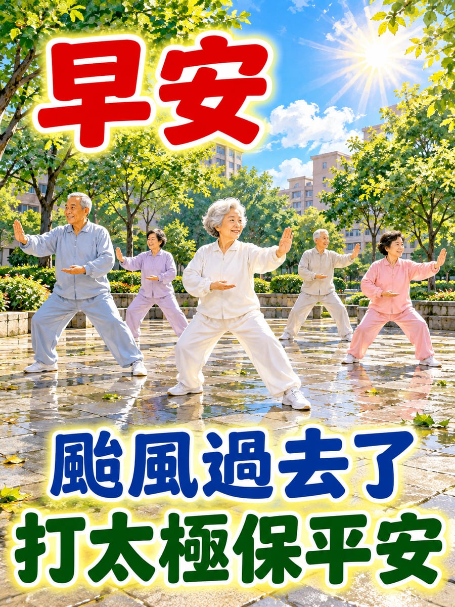 颱風過後打太極。圖中文字：早安，颱風過去了，打太極保平安