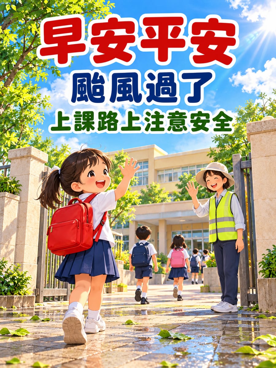 颱風過後回校門。圖中文字：早安平安，颱風過了，上課路上注意安全