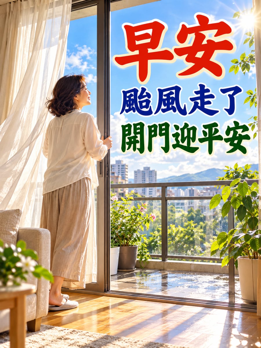 打開陽台門通風。圖中文字：早安，颱風走了，開門迎平安
